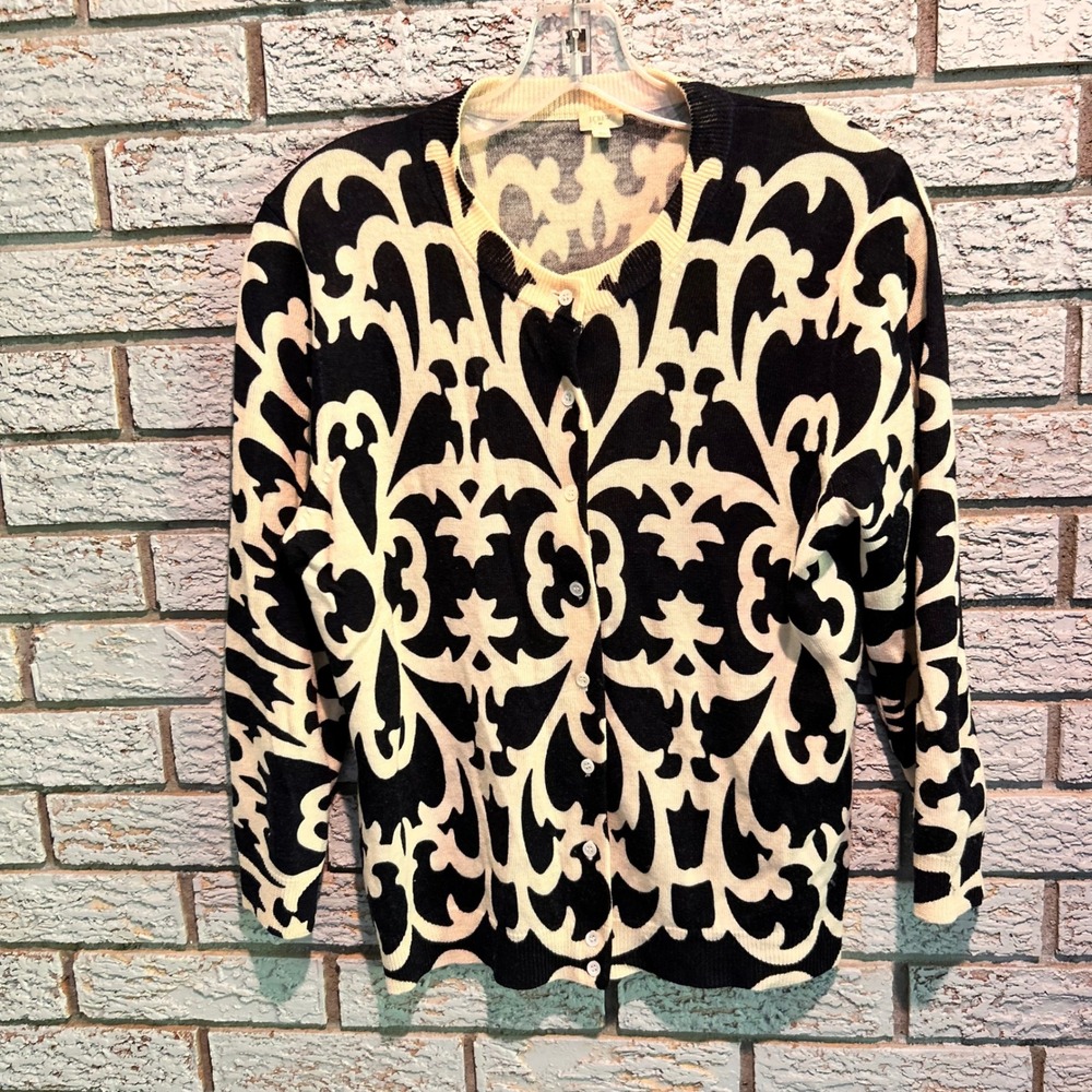 J.Crew Merino Wool Cardigan Sweater Black Cream Damask Scroll Print LG RN77388